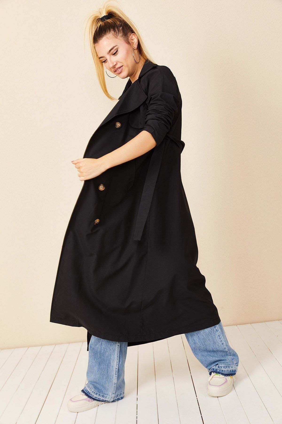 Double-Breasted Button Detailed Black Trench Coat for Women