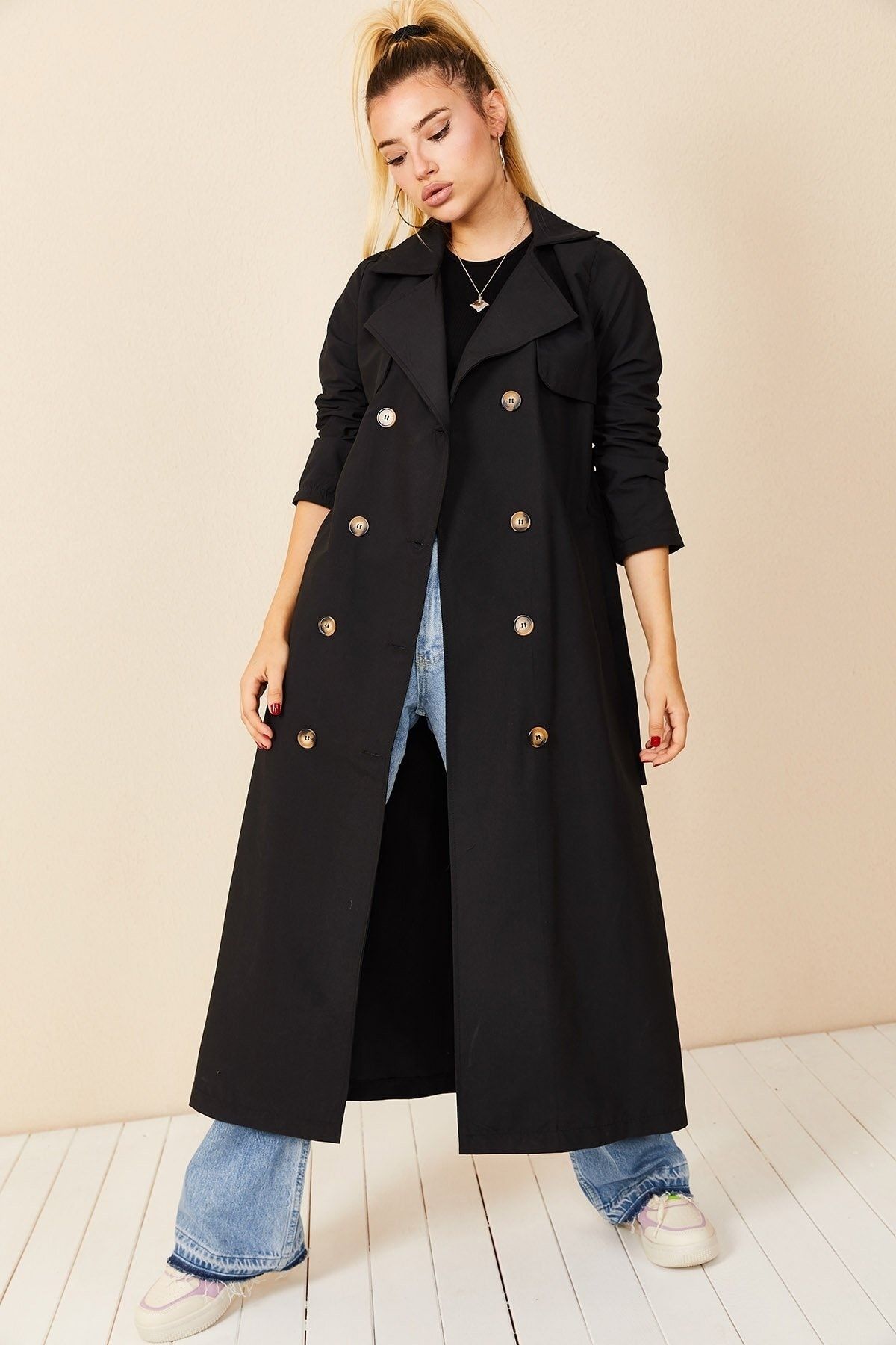 Double-Breasted Button Detailed Black Trench Coat for Women