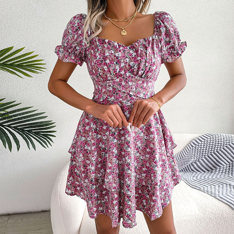 Alexa | Stylish Square Neckline Mini Dress with Elegant Lace Detail