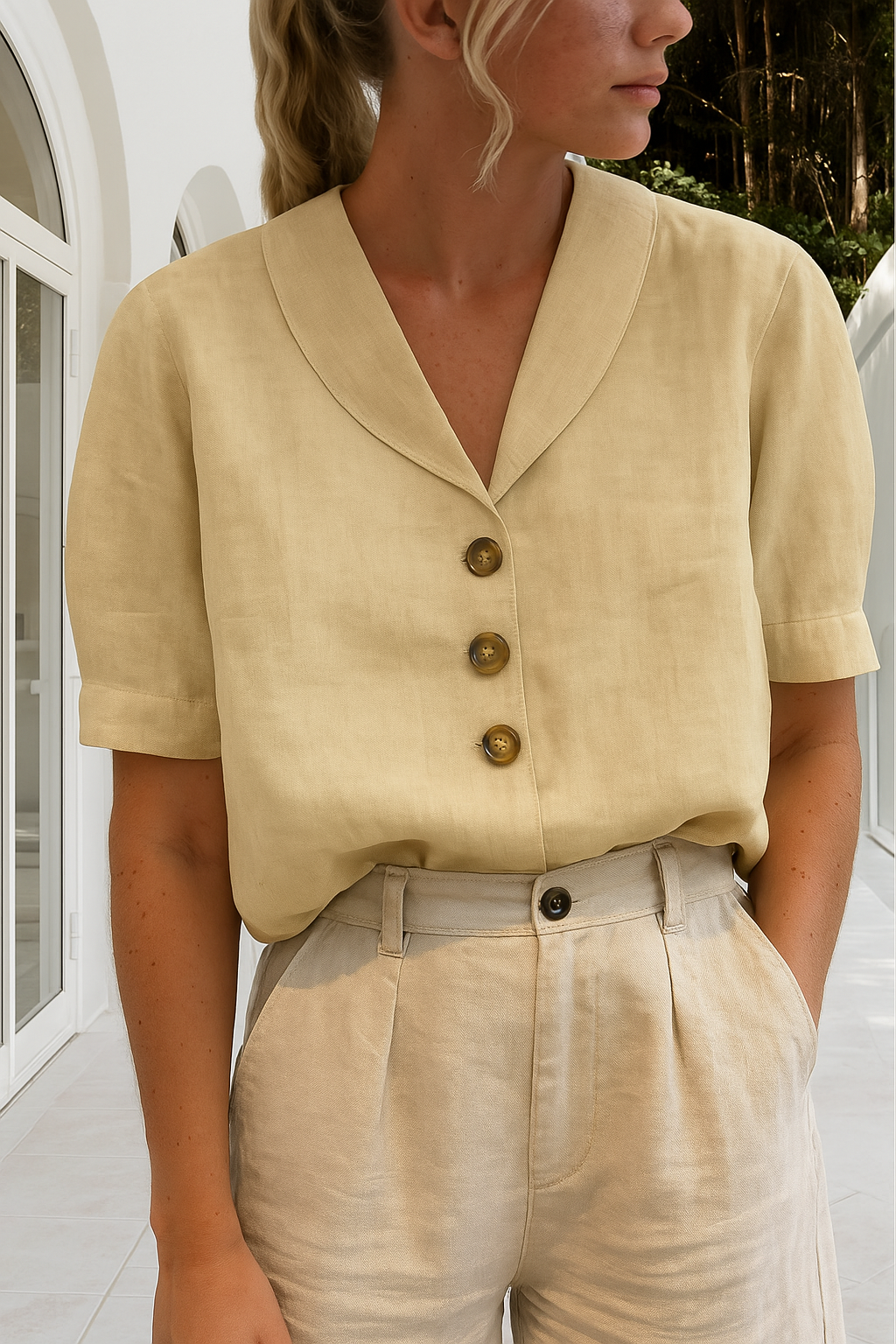 Celyra | Stylish Cotton-Linen Blouse with Button-Front Detail for Women