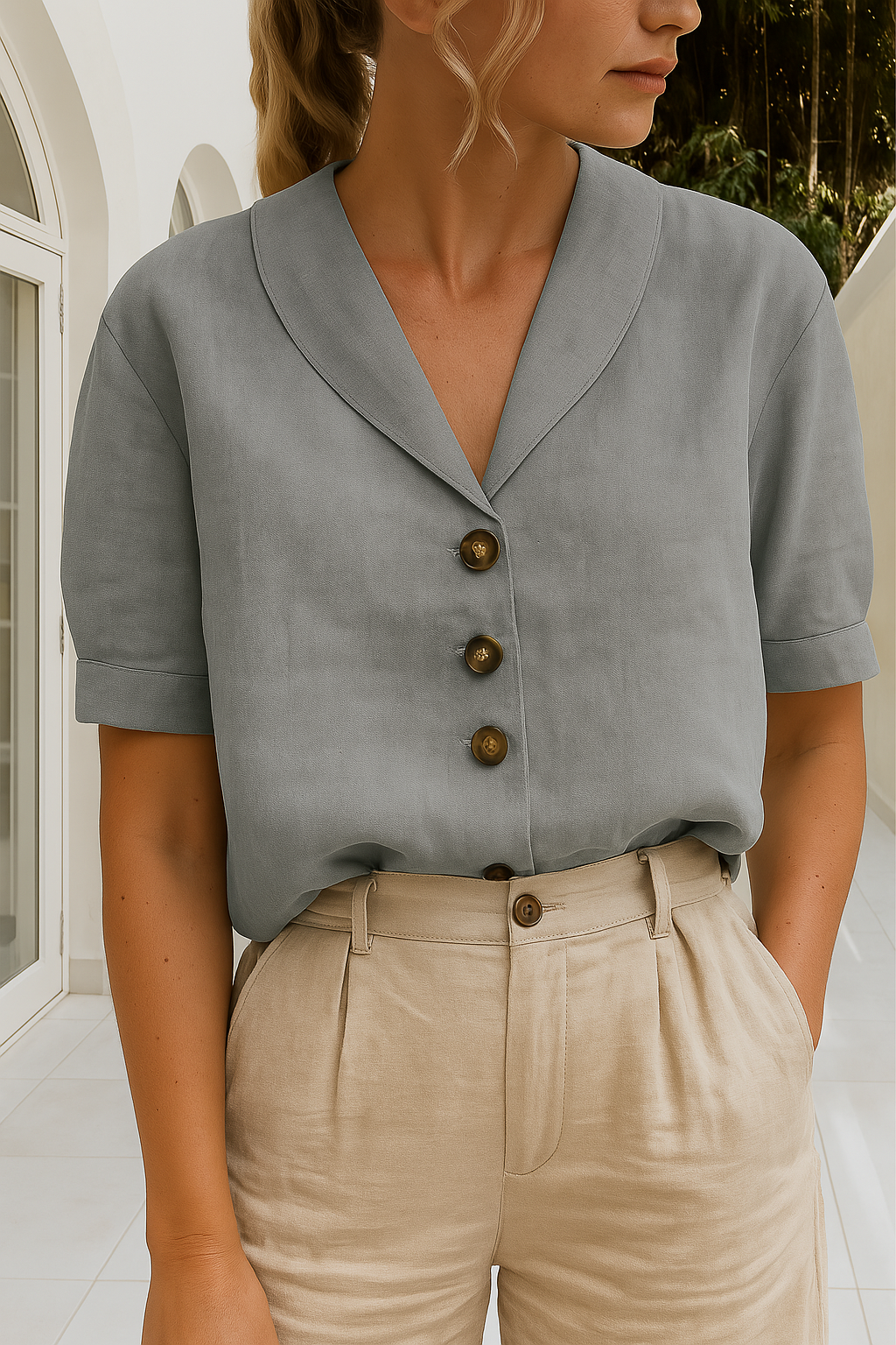 Celyra | Stylish Cotton-Linen Blouse with Button-Front Detail for Women