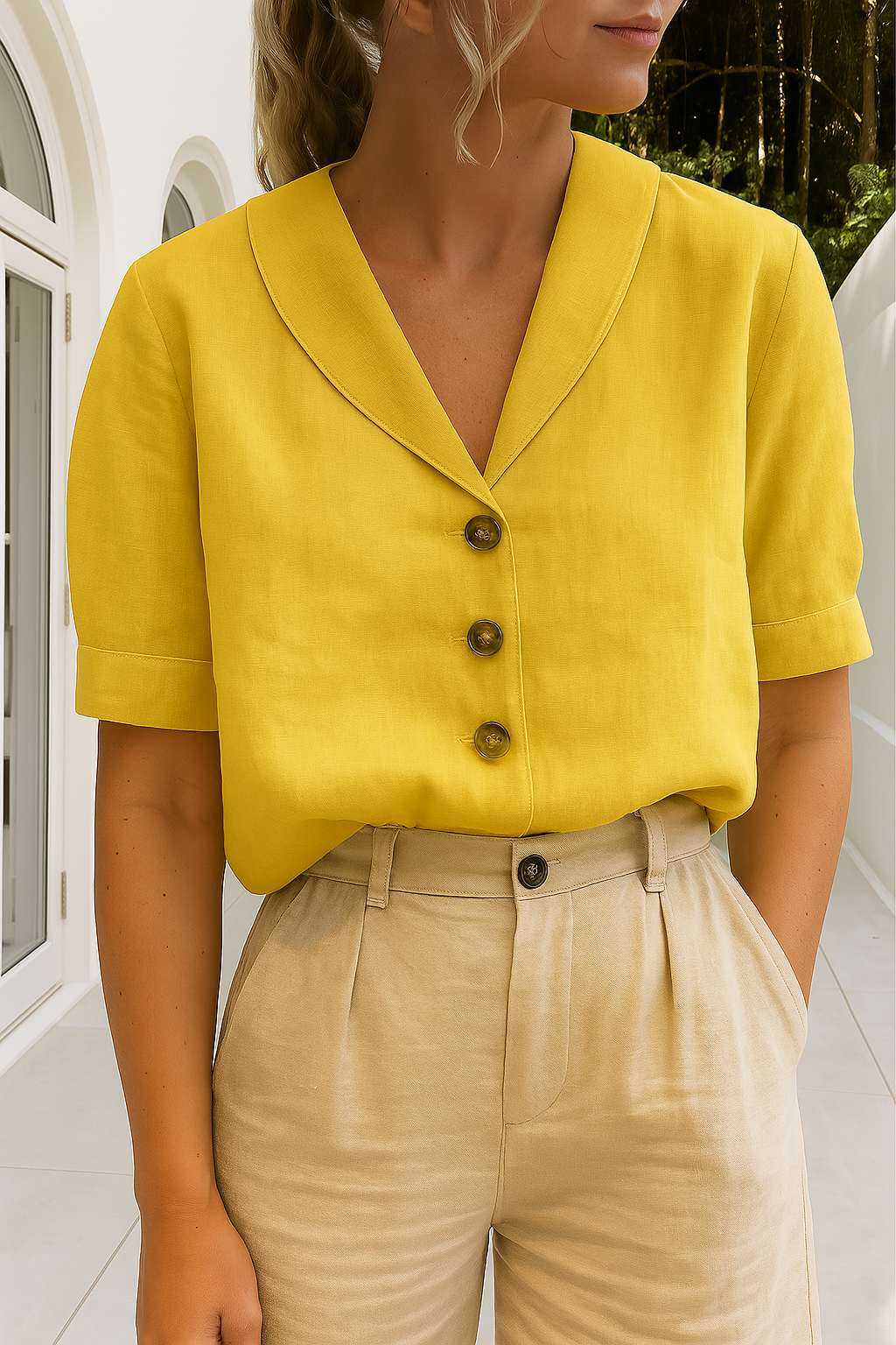 Celyra | Stylish Cotton-Linen Blouse with Button-Front Detail for Women
