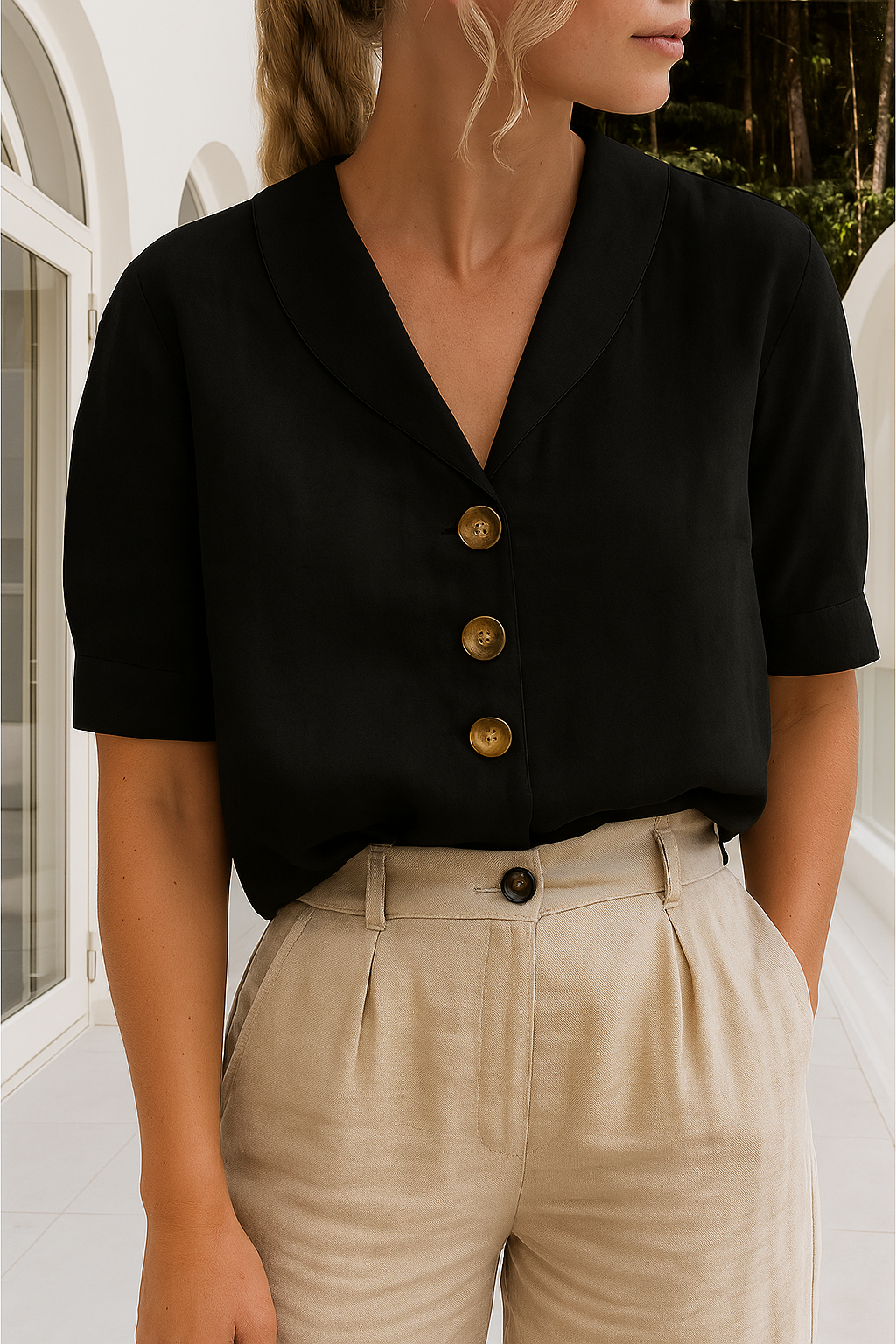 Celyra | Stylish Cotton-Linen Blouse with Button-Front Detail for Women