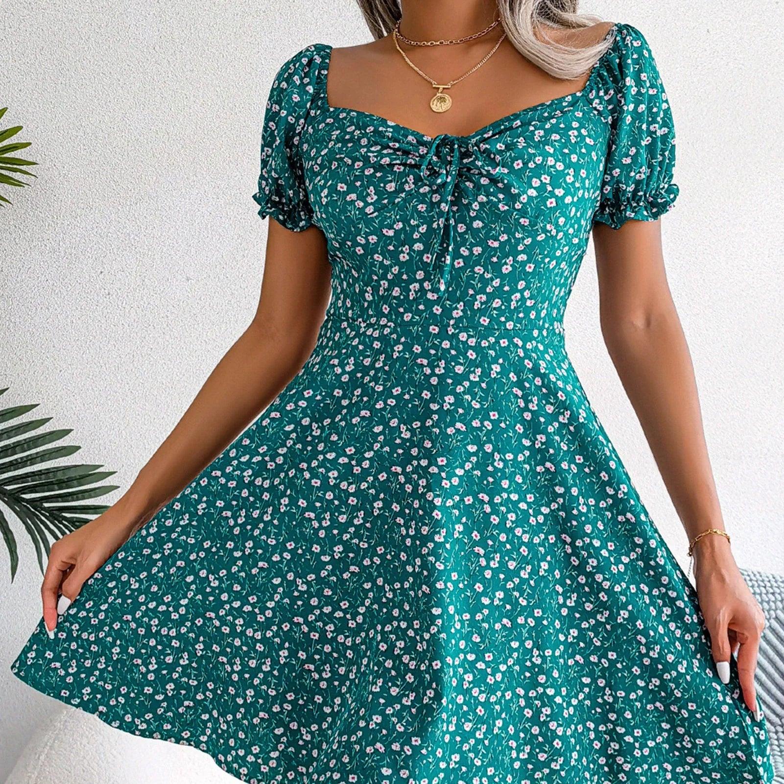 Alexa | Stylish Square Neckline Mini Dress with Elegant Lace Detail