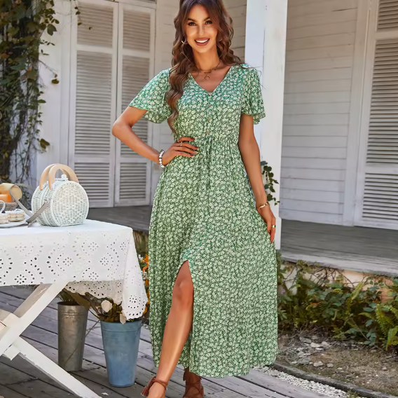 Allison | Flattering V-Neck, Boho Slit Maxi Dress