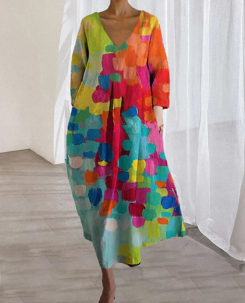 Anastasia | Vibrant Multicolored V-Neck Midi Dress