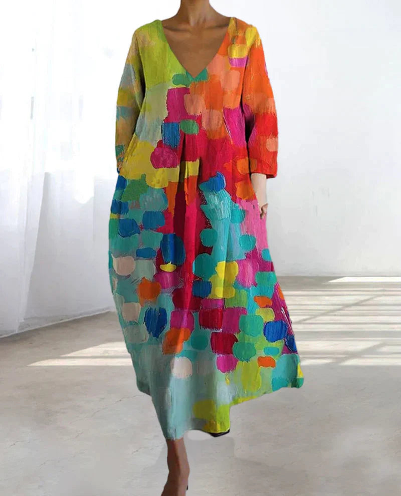 Anastasia | Vibrant Multicolored V-Neck Midi Dress