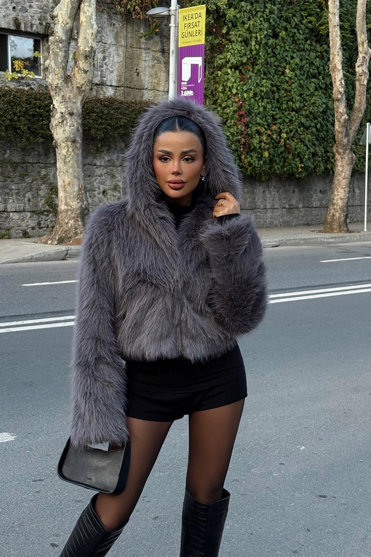 Anthracite Hooded Women's Fur Jacket