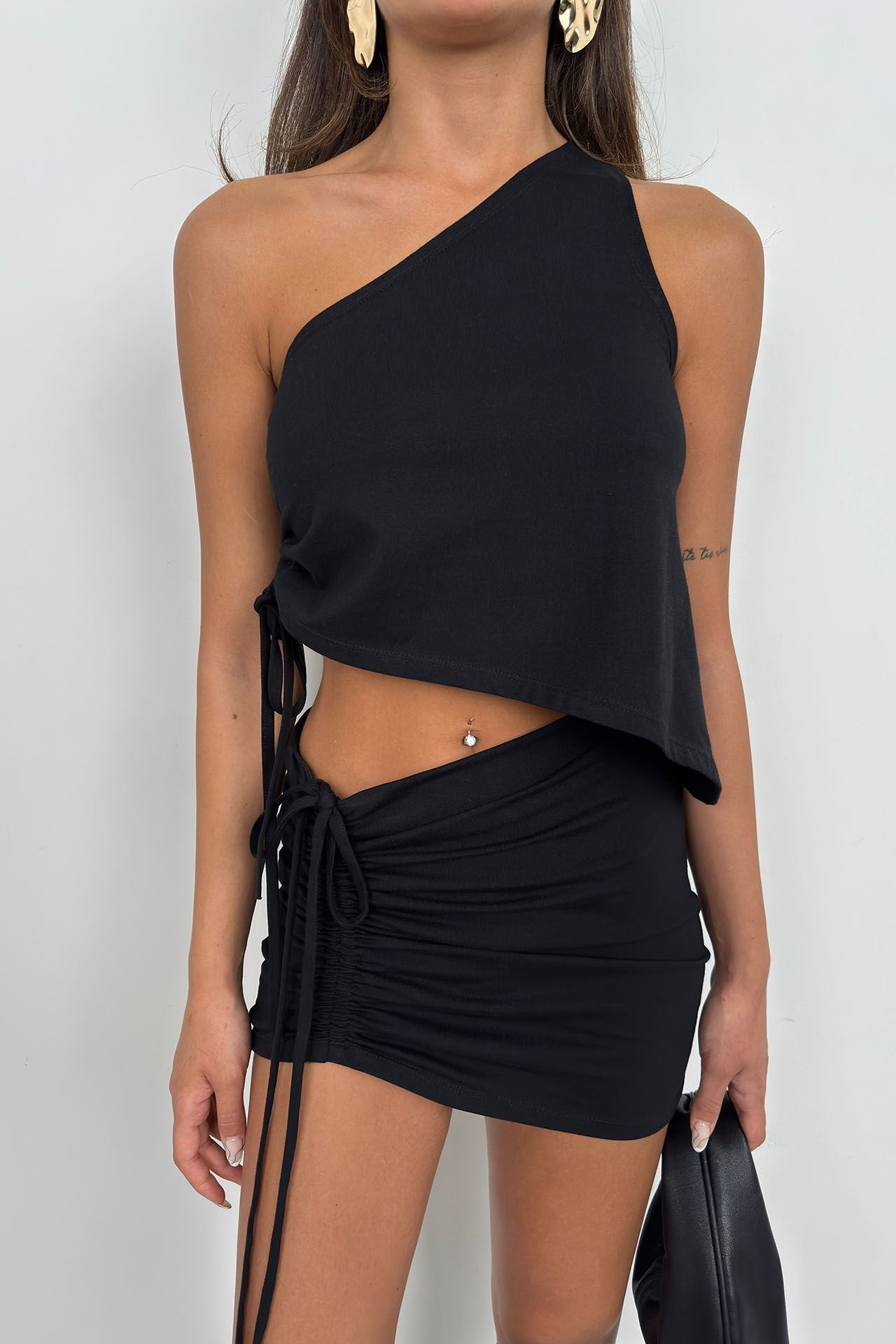 Gathered Detailed Asymmetrical Black Blouse for Women