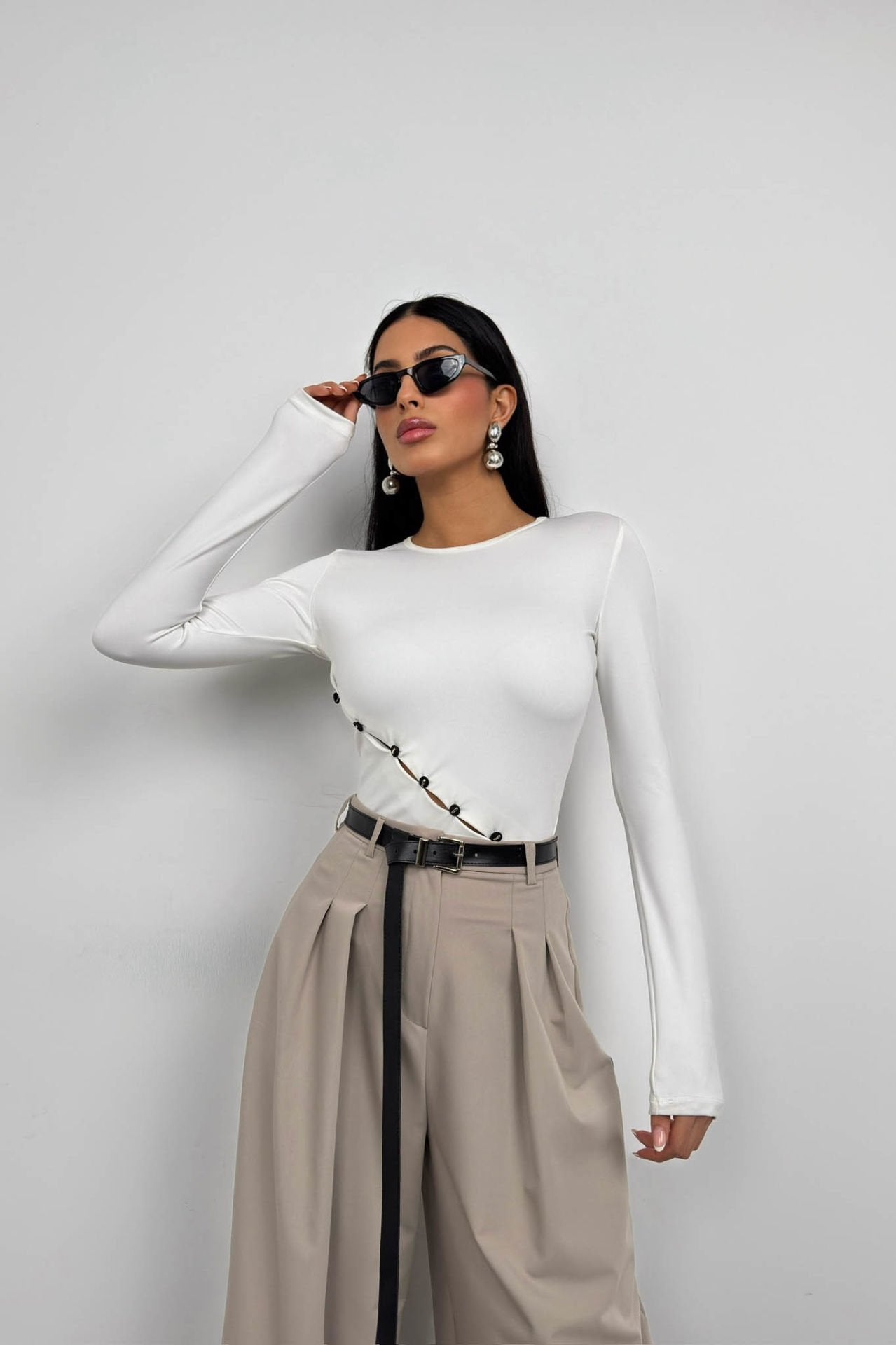 Asymmetrical Long Sleeve White Blouse for Women