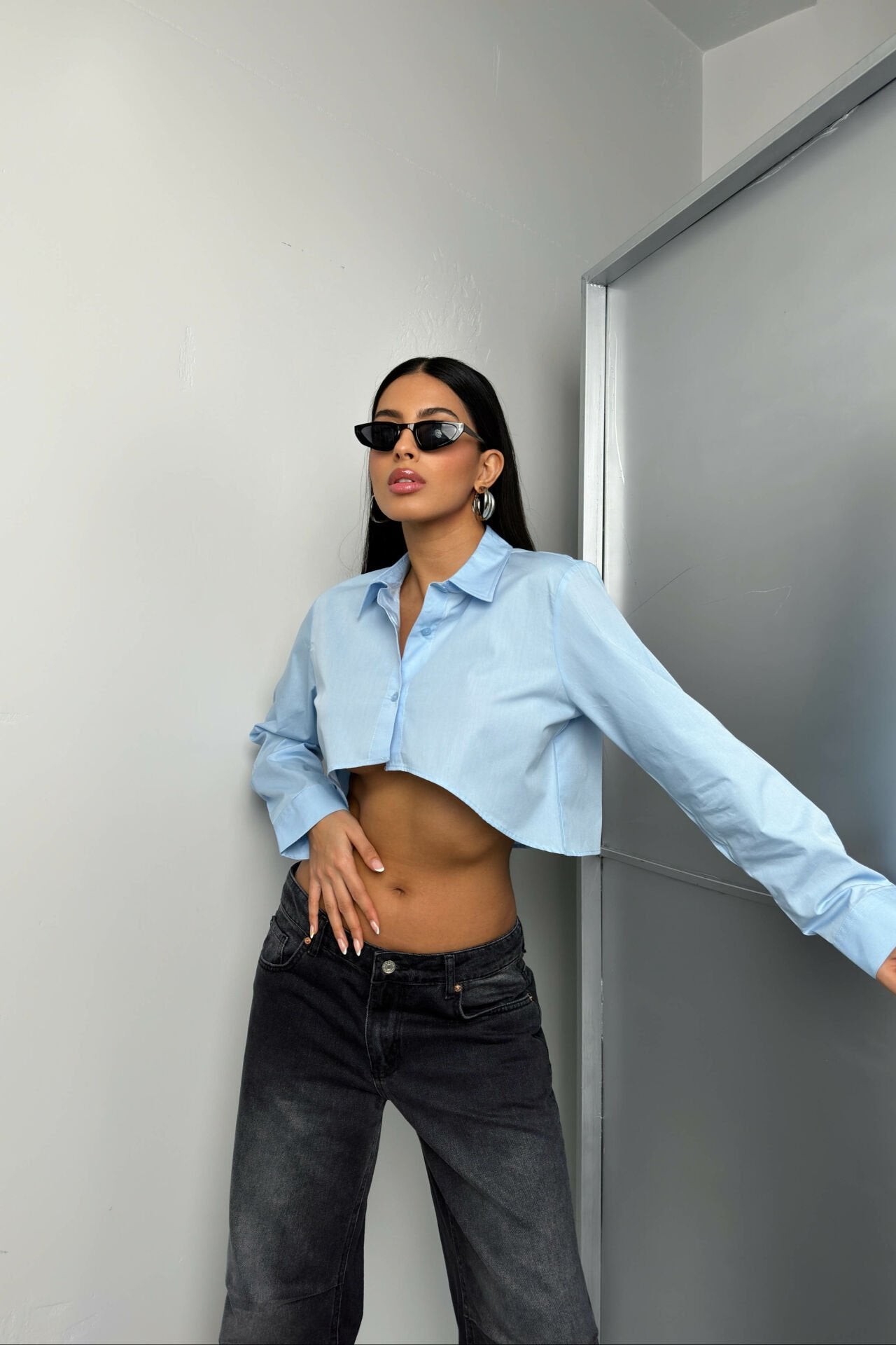 Asymmetrical Blue Cropped Shirt For Women