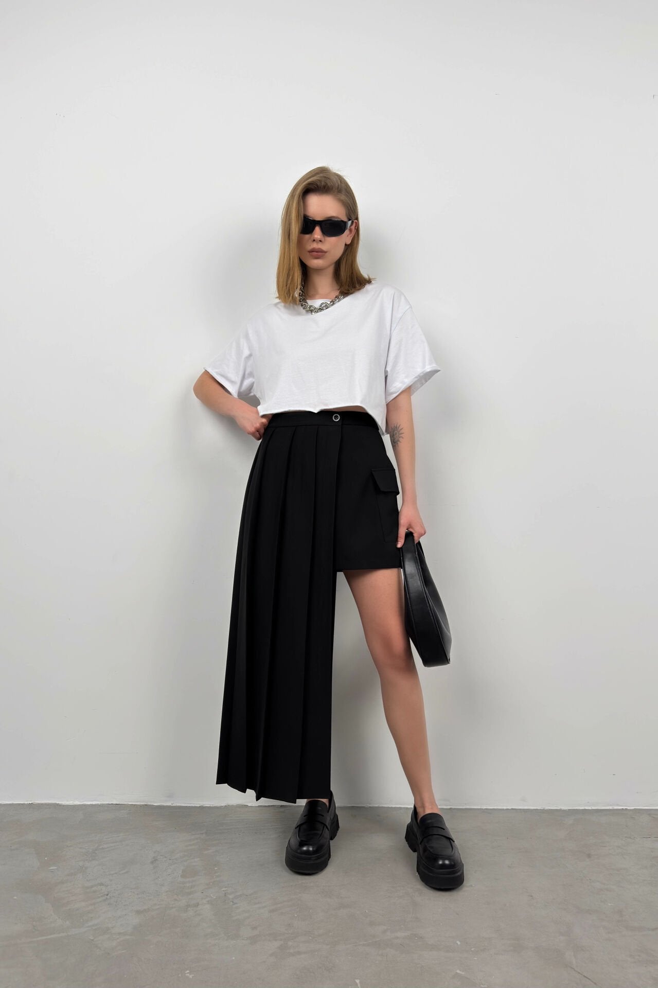 Black Asymmetrical Pleated Skirt for Women