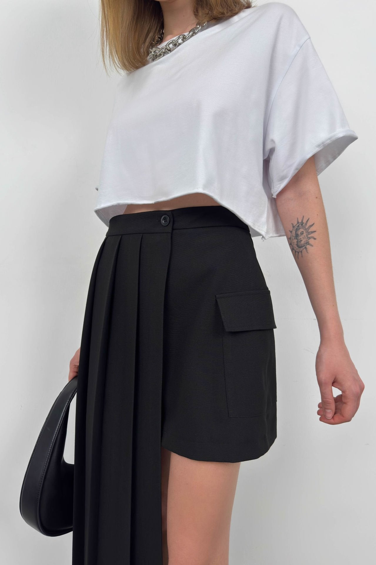 Black Asymmetrical Pleated Skirt for Women