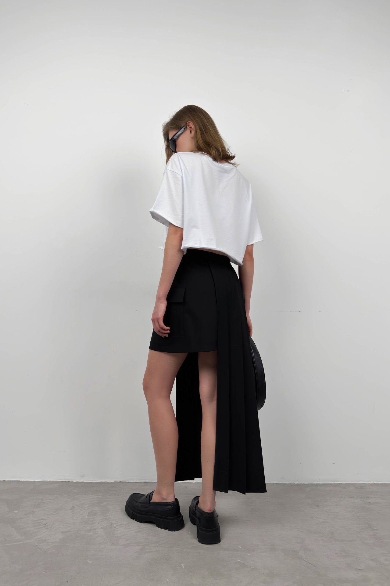 Black Asymmetrical Pleated Skirt for Women