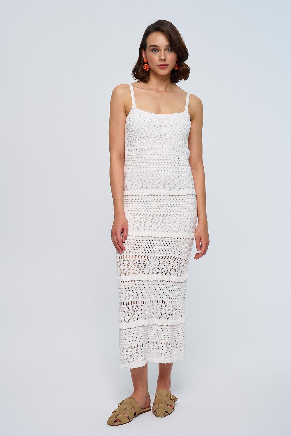 Openwork Detailed White Midi Knitwear Dress