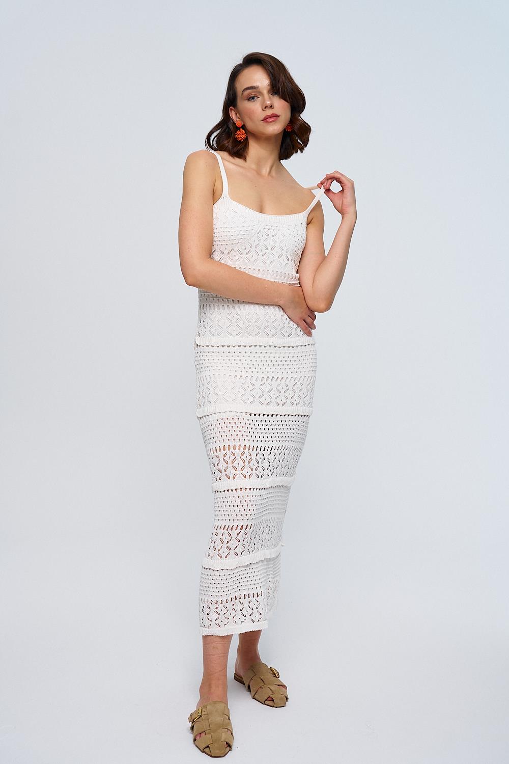 Openwork Detailed White Midi Knitwear Dress