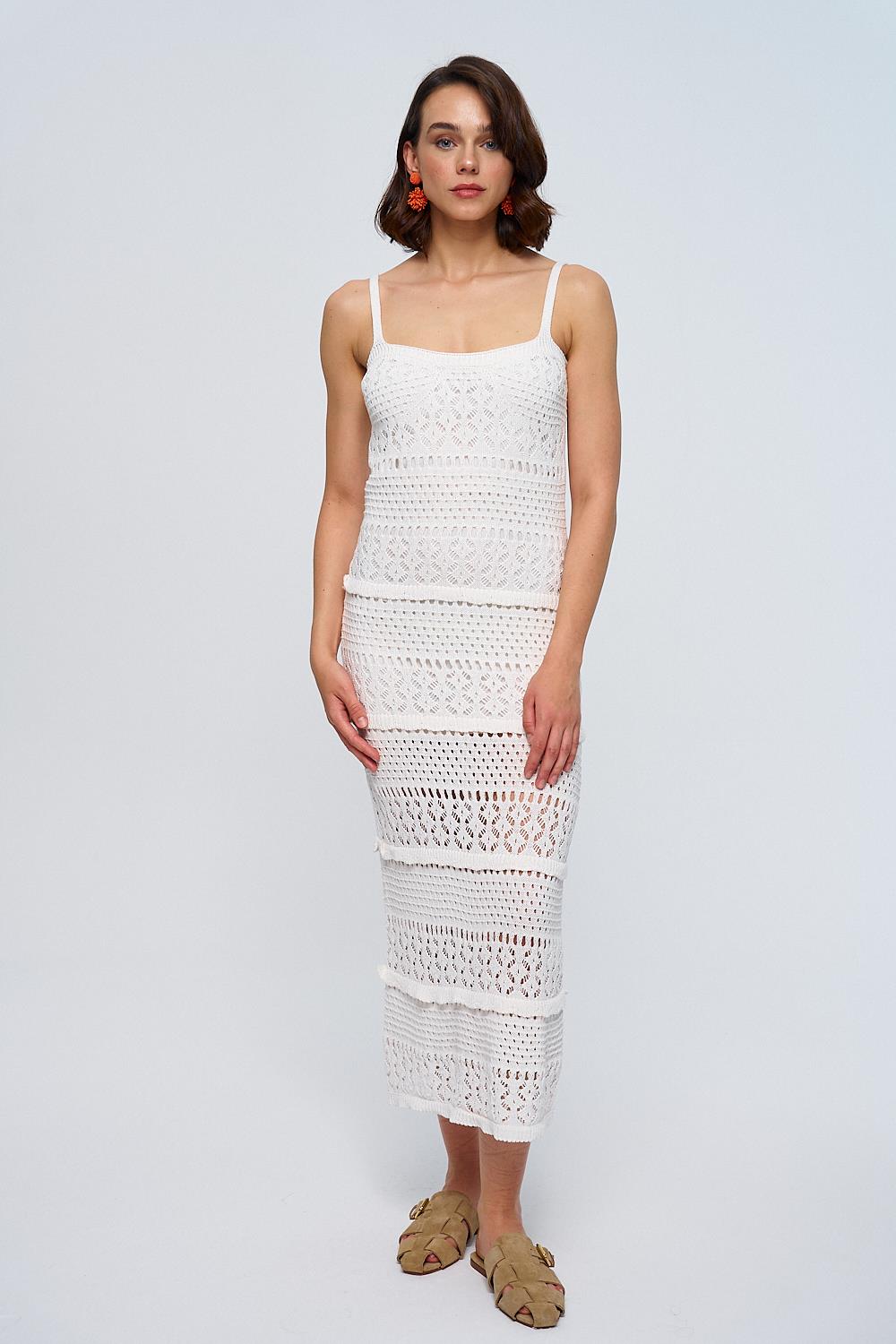 Openwork Detailed White Midi Knitwear Dress