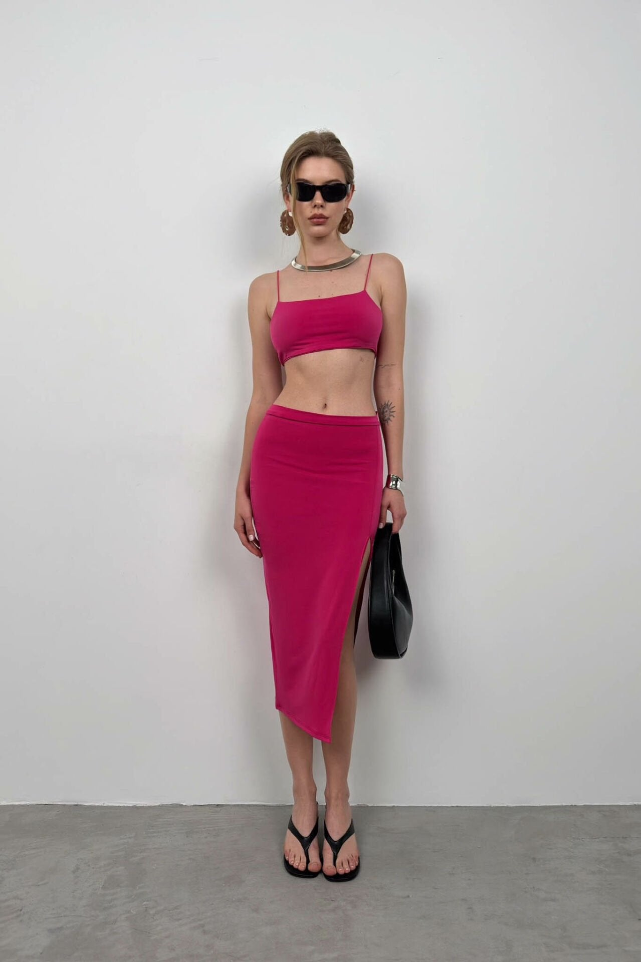 Träger Crop Schlitz Fuchsia Rock Set