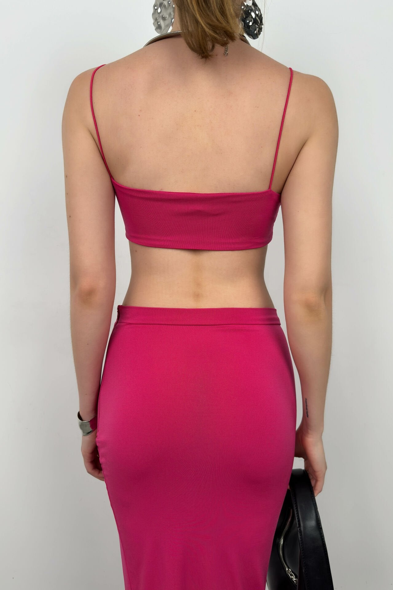 Strappy Crop Slit Fuchsia Skirt Set