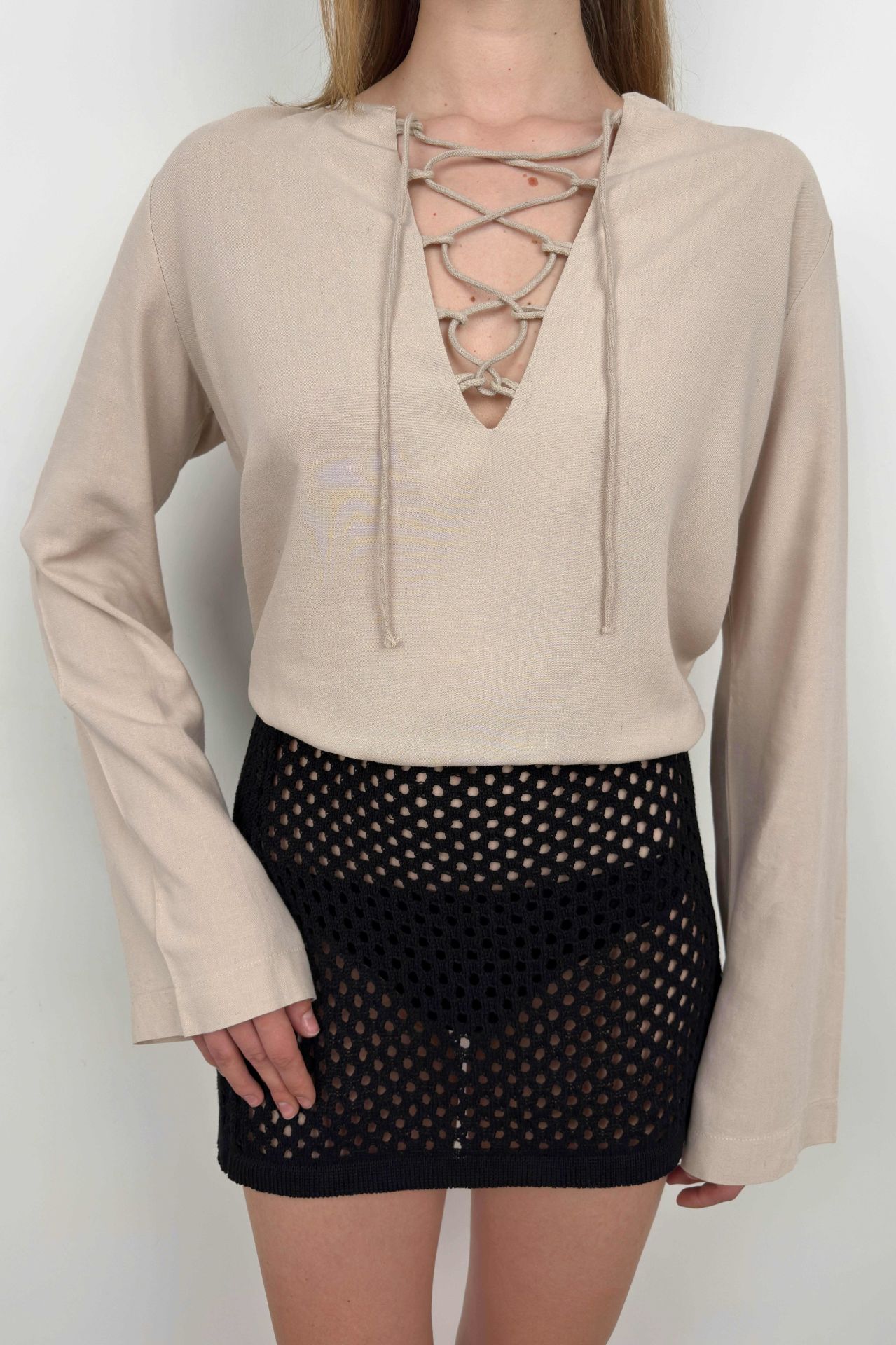 Lace Up Beige Linen Blouse