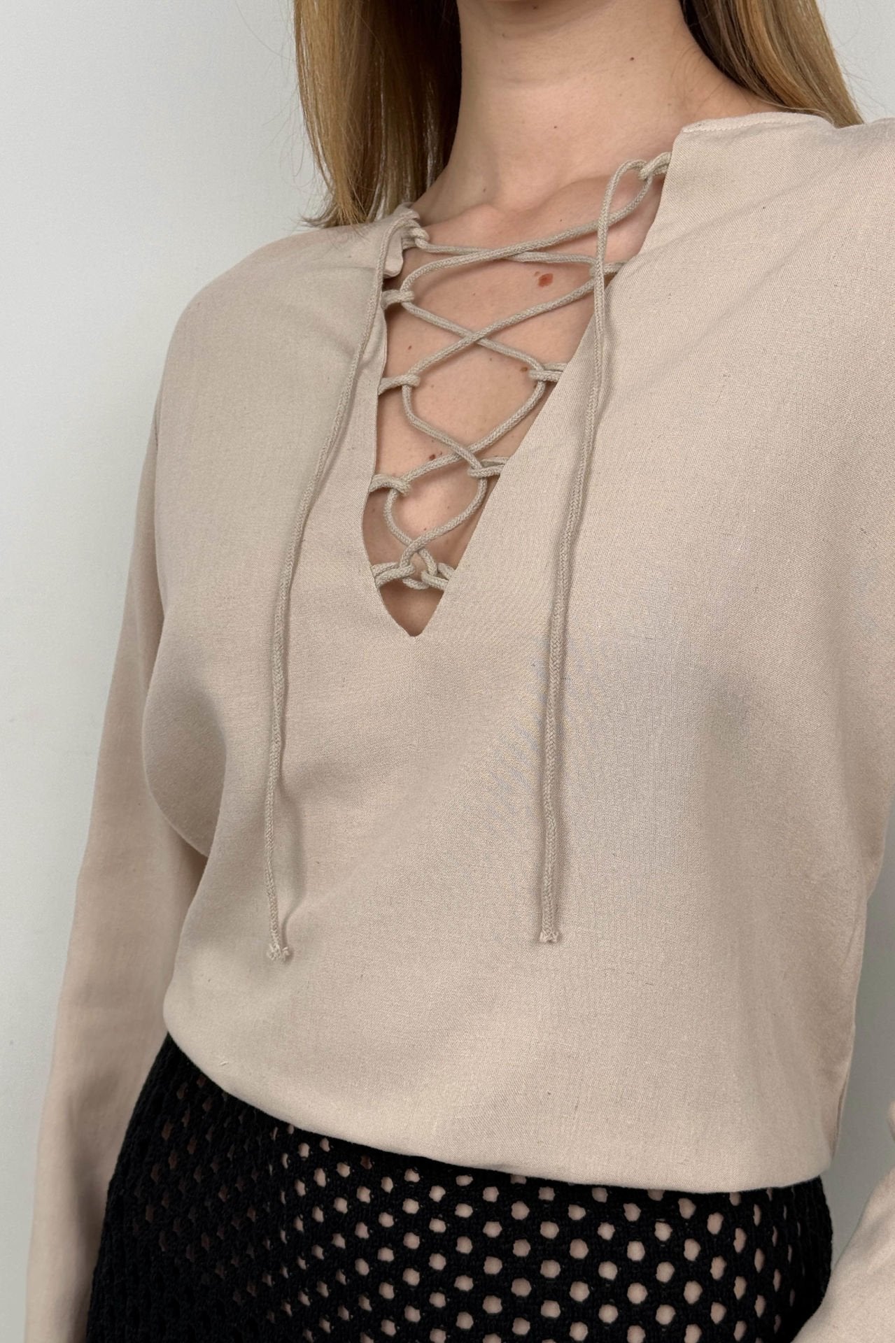 Lace Up Beige Linen Blouse