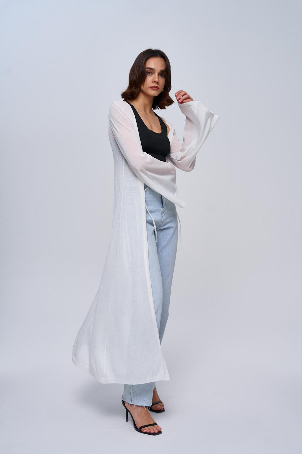 Slim White Maxi Knitwear Cardigan with Tie Detail for Women