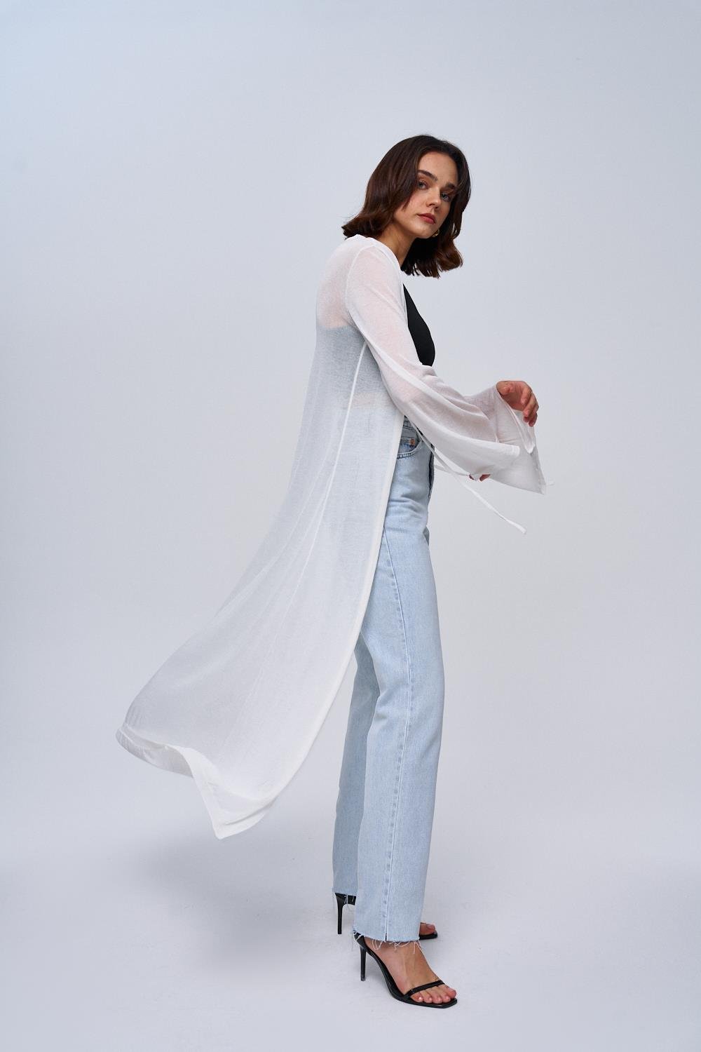 Slim White Maxi Knitwear Cardigan with Tie Detail for Women