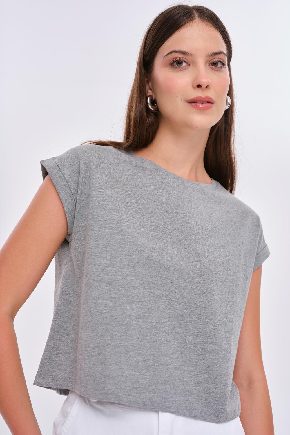 Damen Basic Rundhals Graues Crop T-Shirt