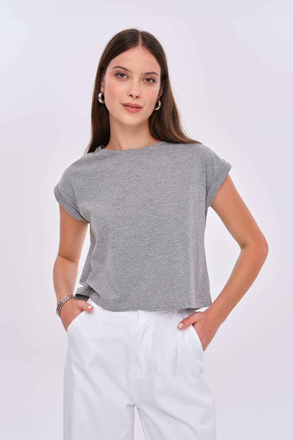 Damen Basic Rundhals Graues Crop T-Shirt