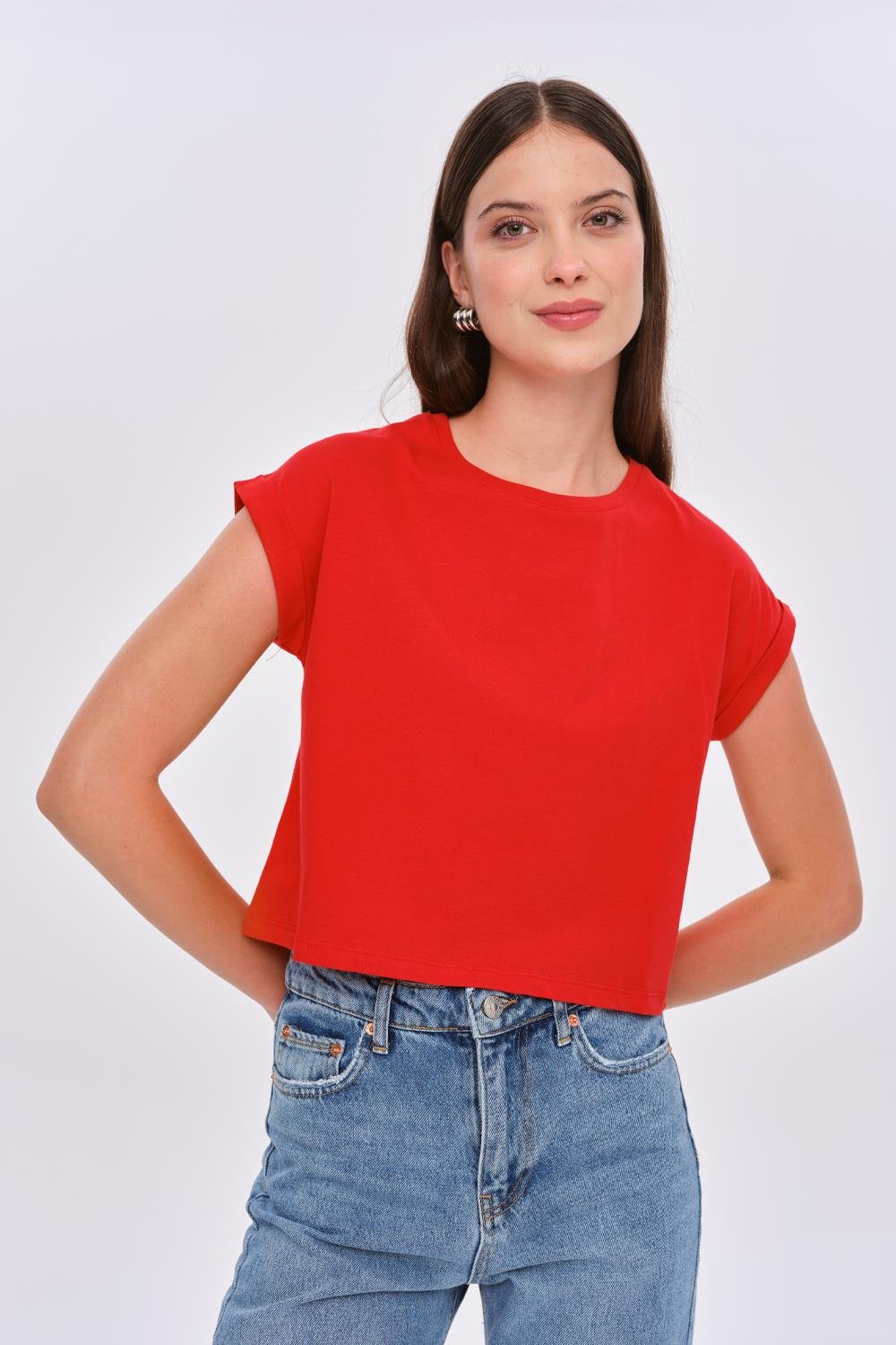 Crew Neck Cropped Red T-Shirt for Women