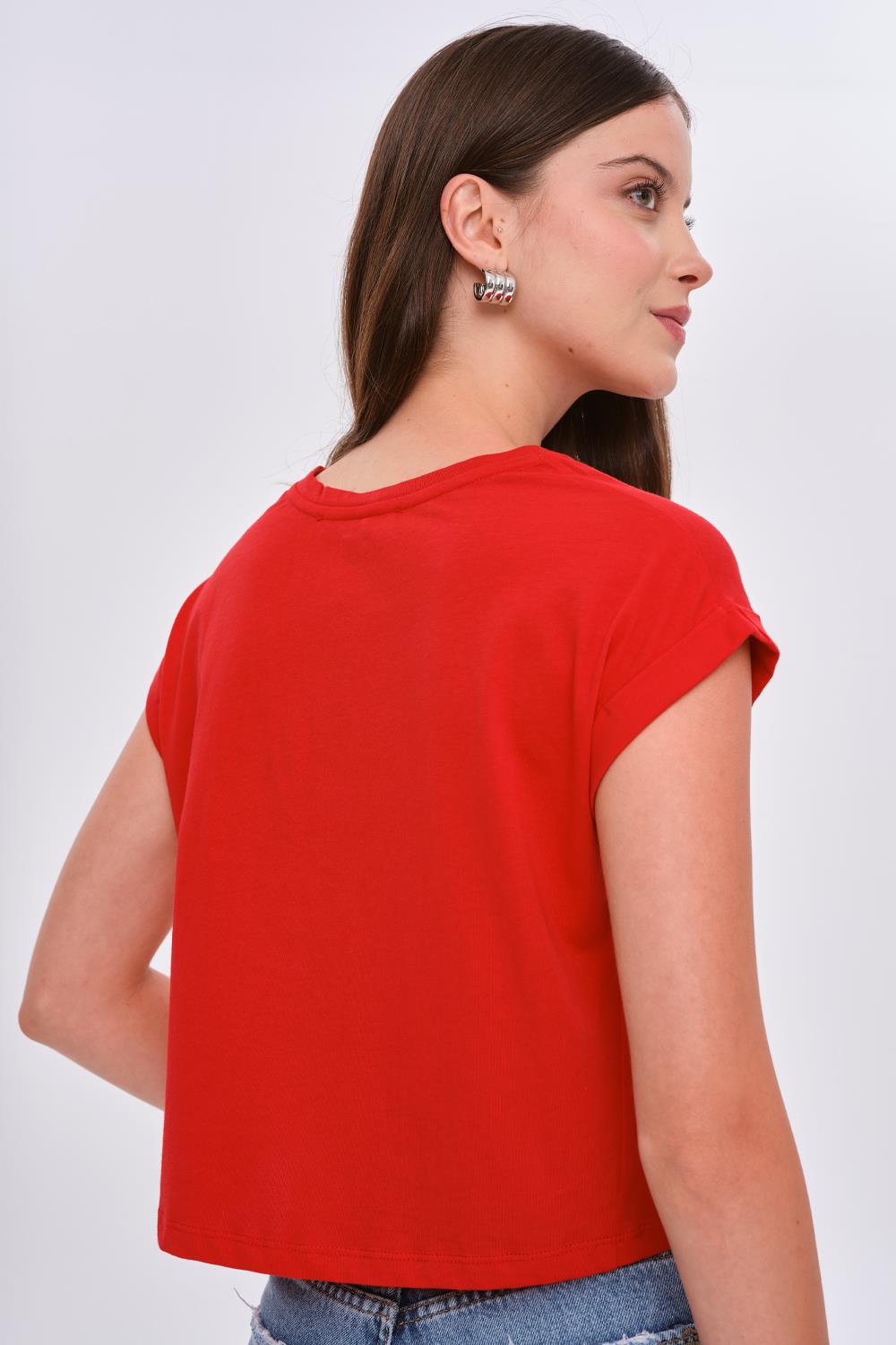 Crew Neck Cropped Red T-Shirt for Women