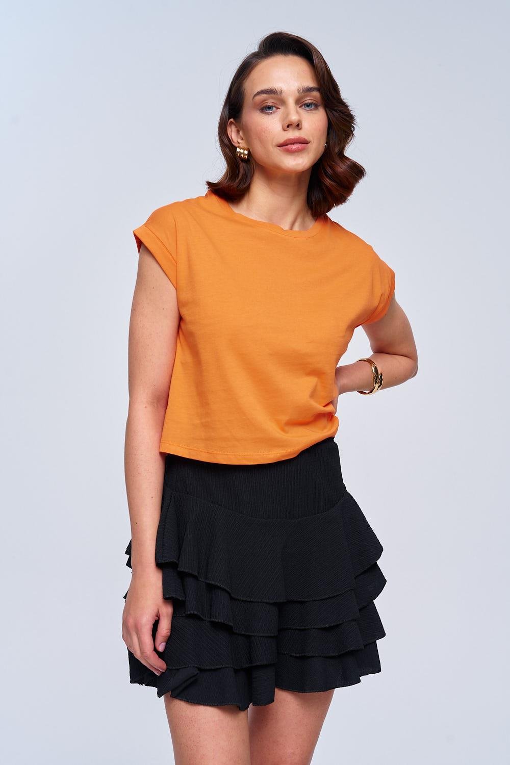 Damen Basic Rundhals Orange Crop T-Shirt