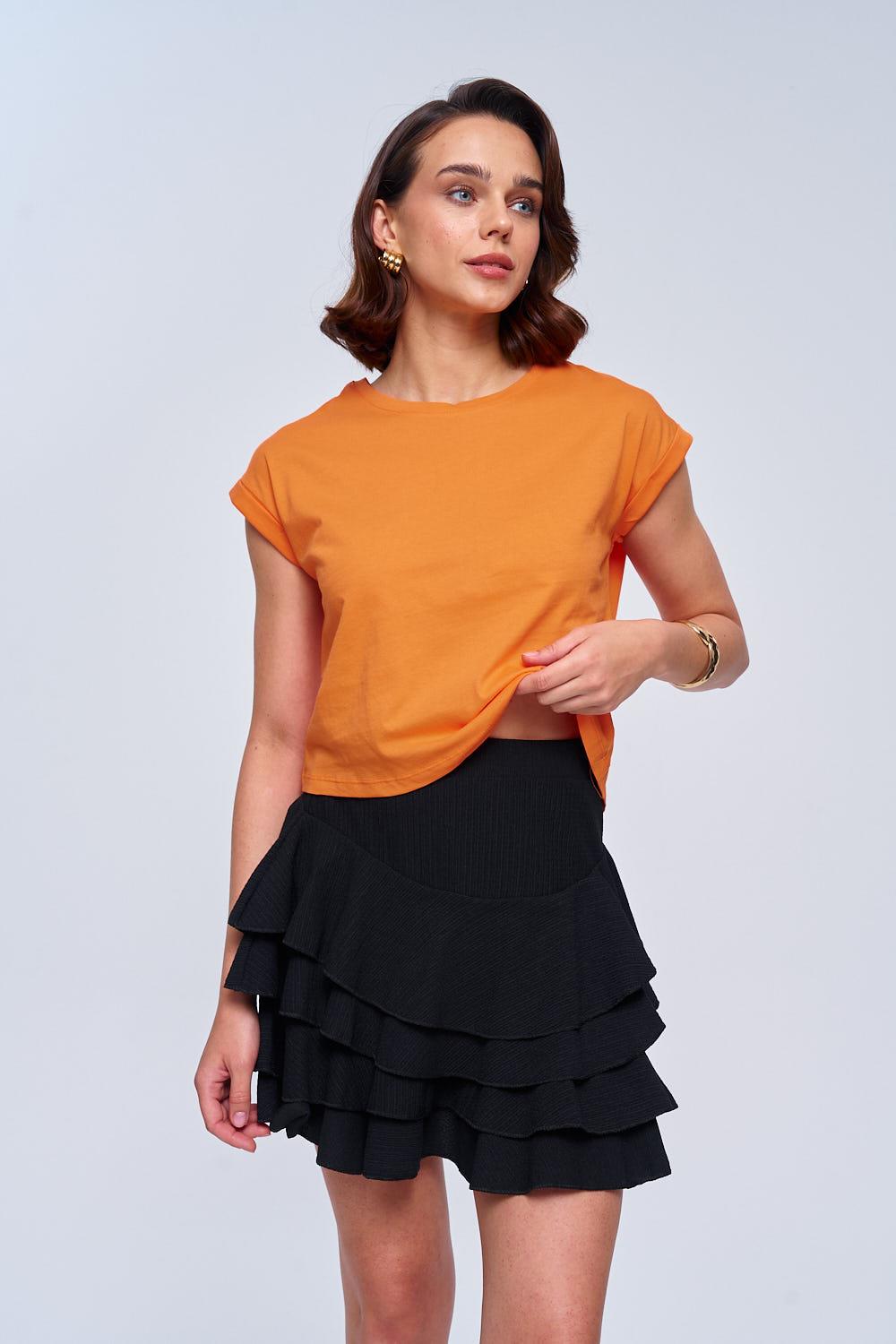 Damen Basic Rundhals Orange Crop T-Shirt