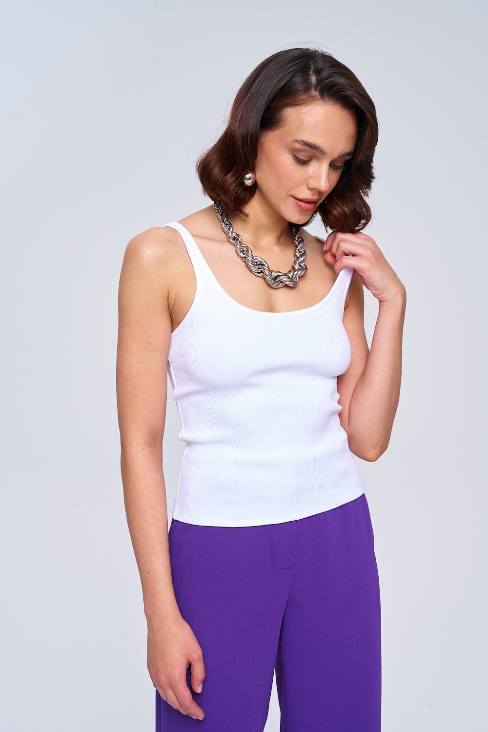 Basic Ribbed White Undershirt For Women