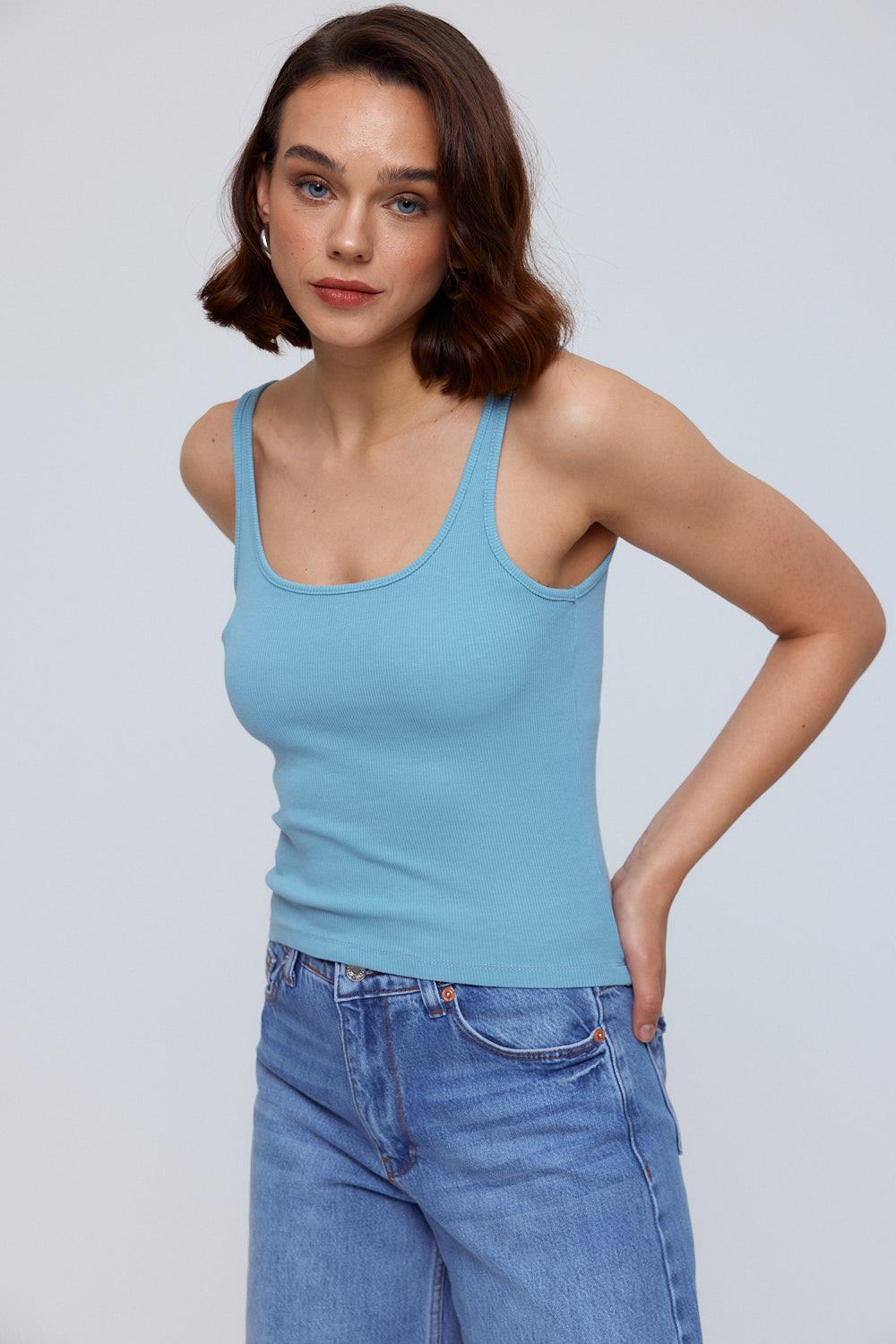 Basic Ribbed Blue Undershirt For Women