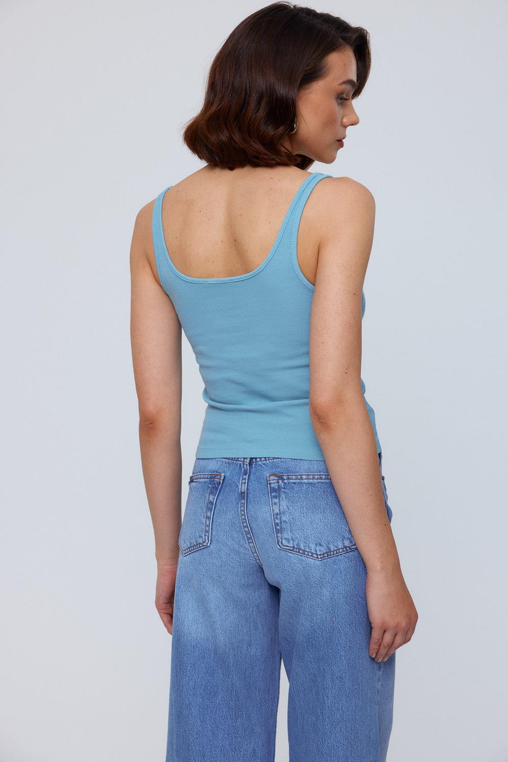 Basic Ribbed Blue Undershirt For Women