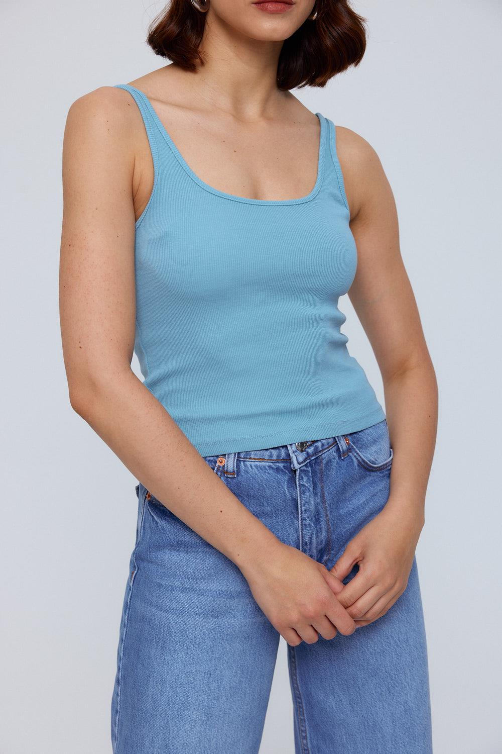 Basic Ribbed Blue Undershirt For Women