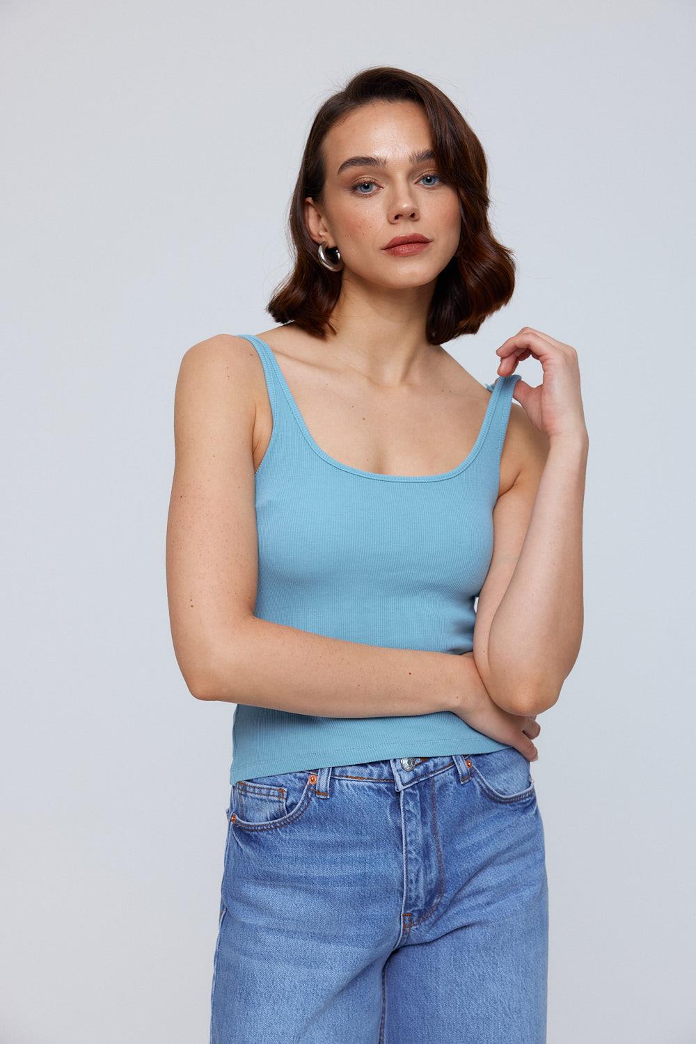 Basic Ribbed Blue Undershirt For Women