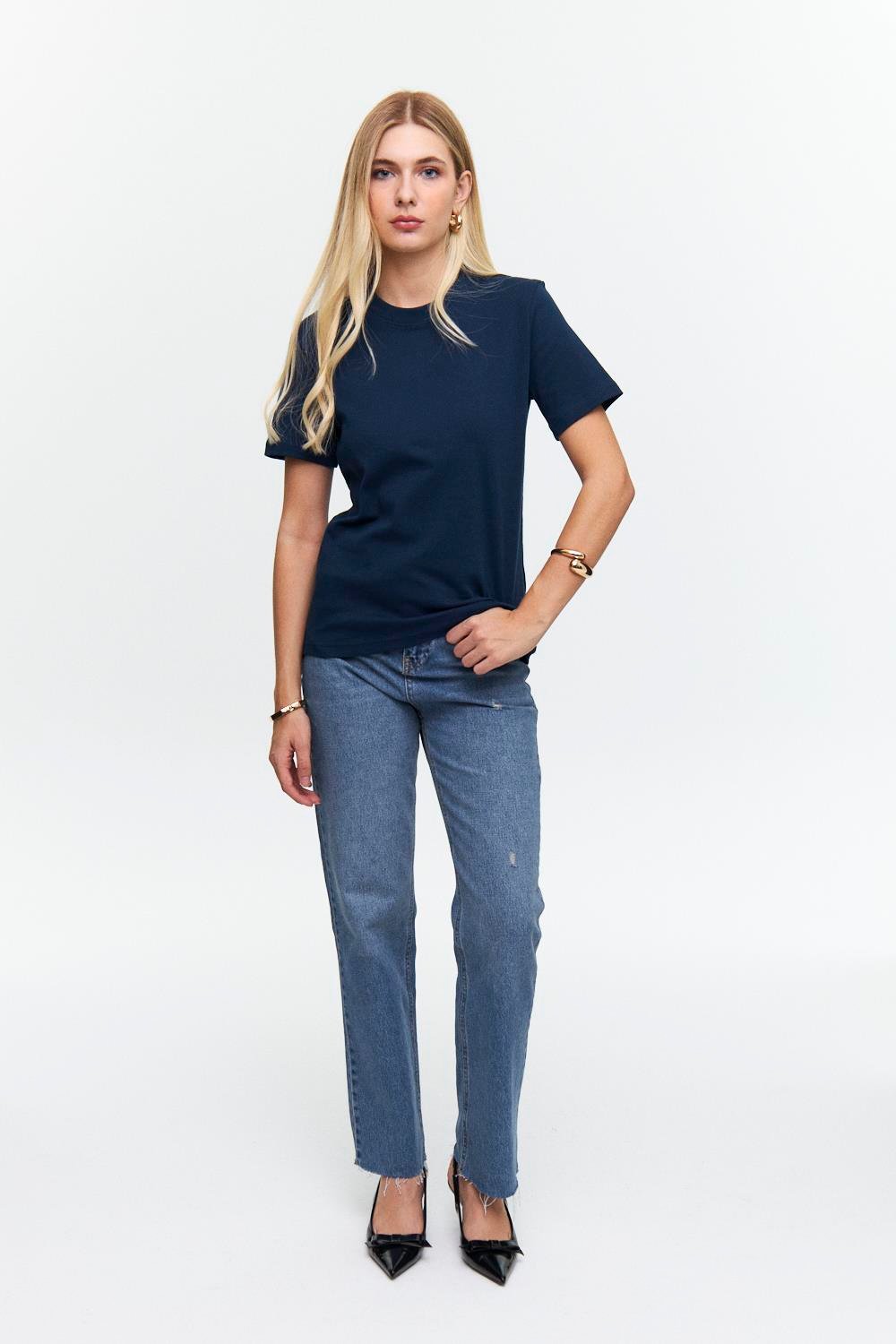 Kurzarm Navy Blau T-Shirt für Frauen