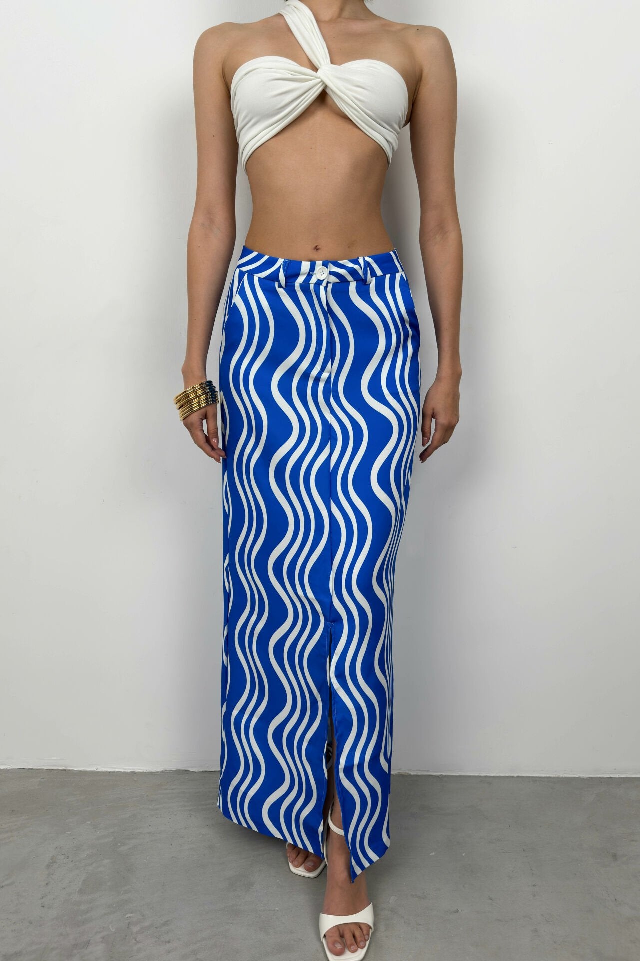 Printed Blue Skirt with Front Slit