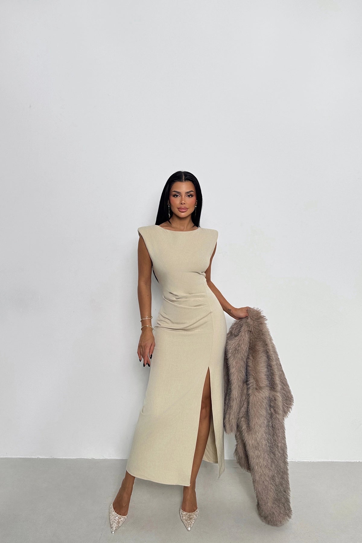 Crew Neck Slit Detail Beige Midi Dress