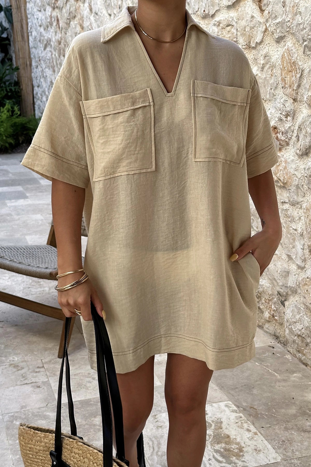 Beige Pocketed Linen Mini Shirt Dress