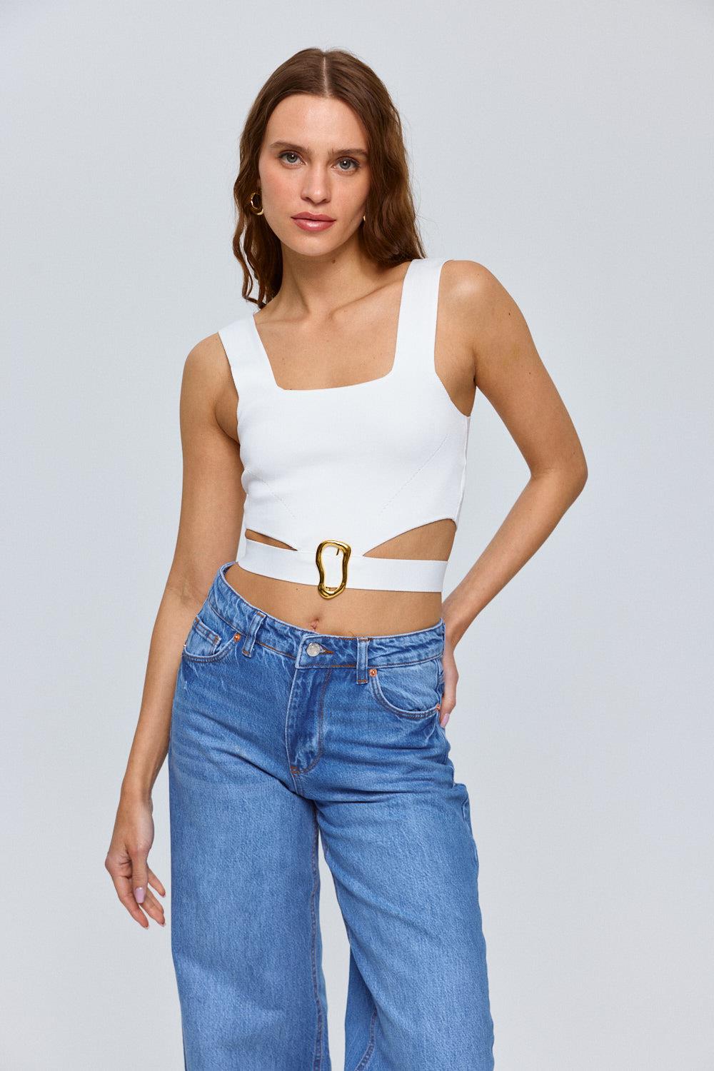 Cut-Out Waist Detailed White Knitwear Women's Blouse