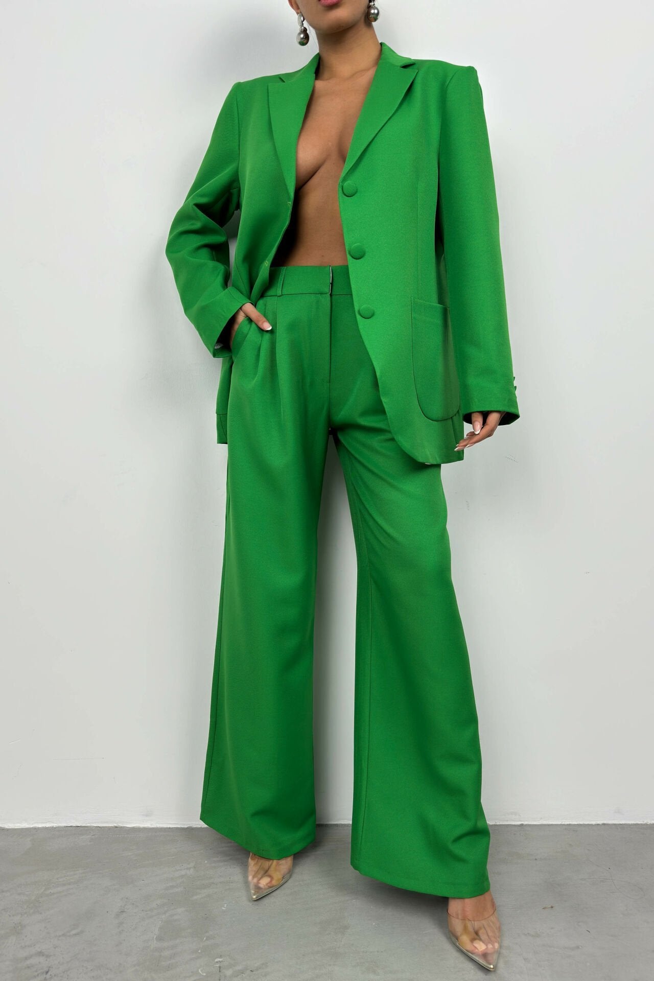 Waist Fold Green Trousers Blazer Jacket Suit