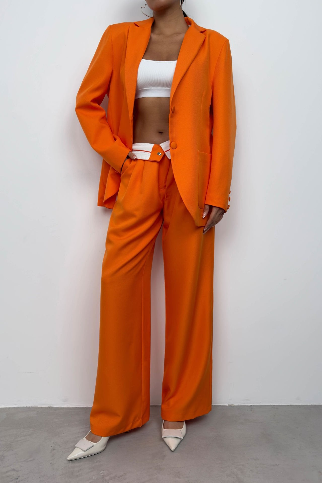 Waist Fold Orange Trousers Blazer Jacket Suit