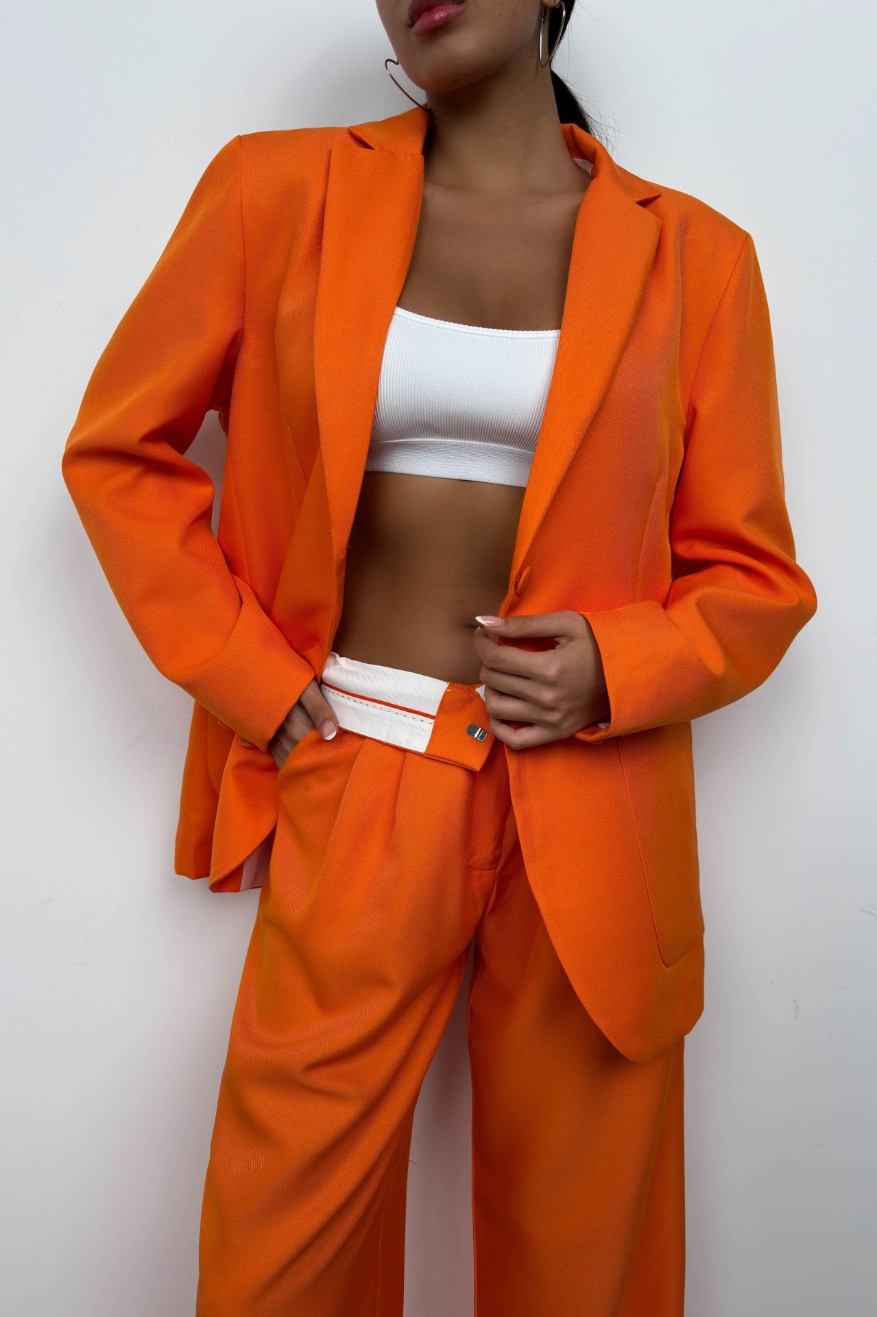 Taillenfalten orange Hosen Blazer Jacke Anzug