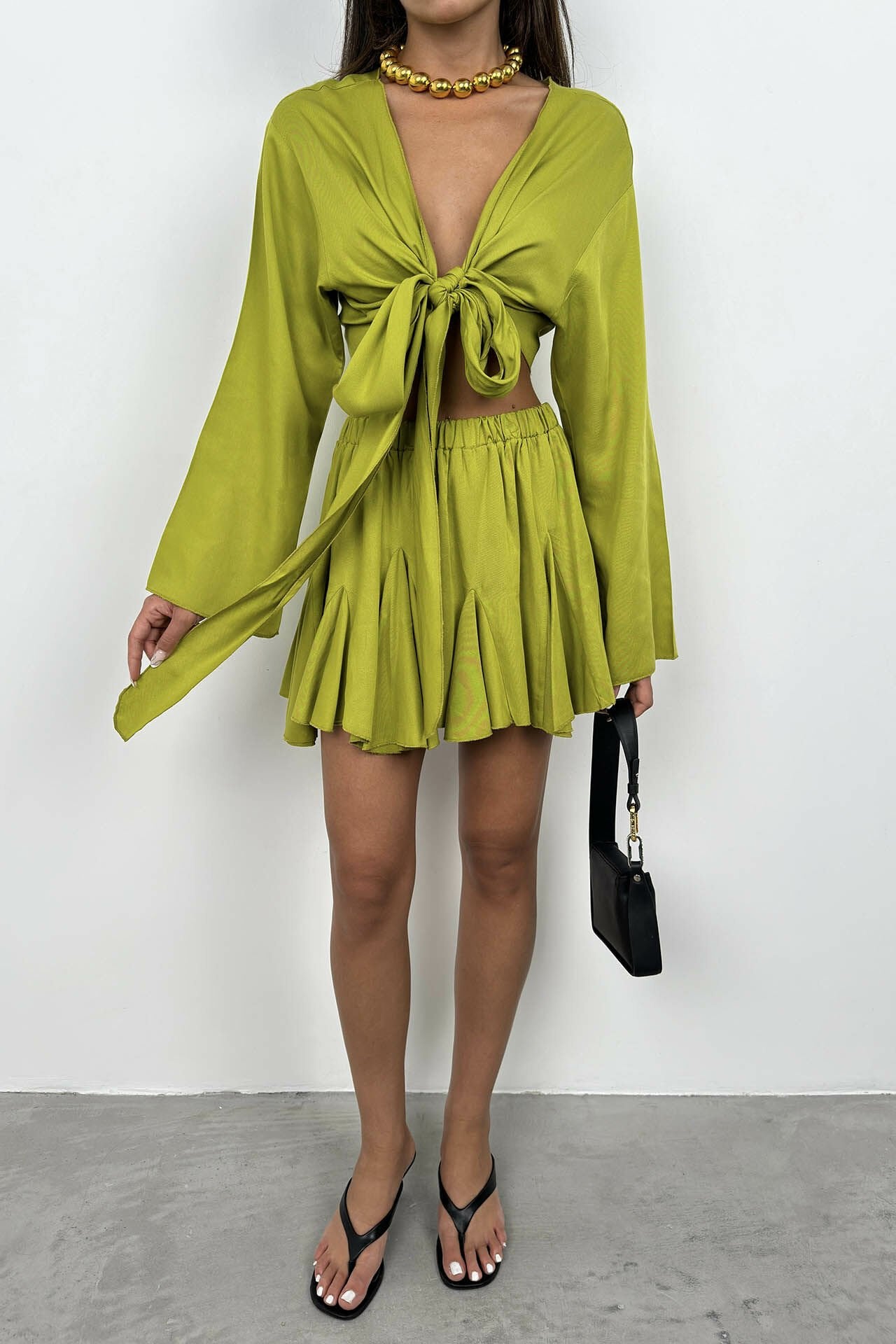 Elastic Waist Draped Lime Skirt