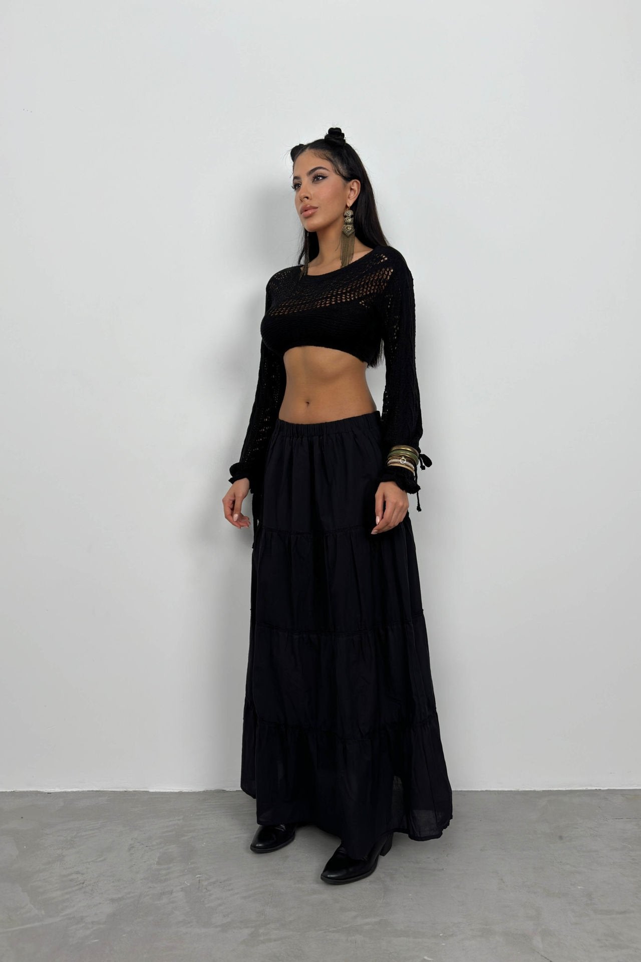 Elastic Waist Detailed Black Maxi Skirt