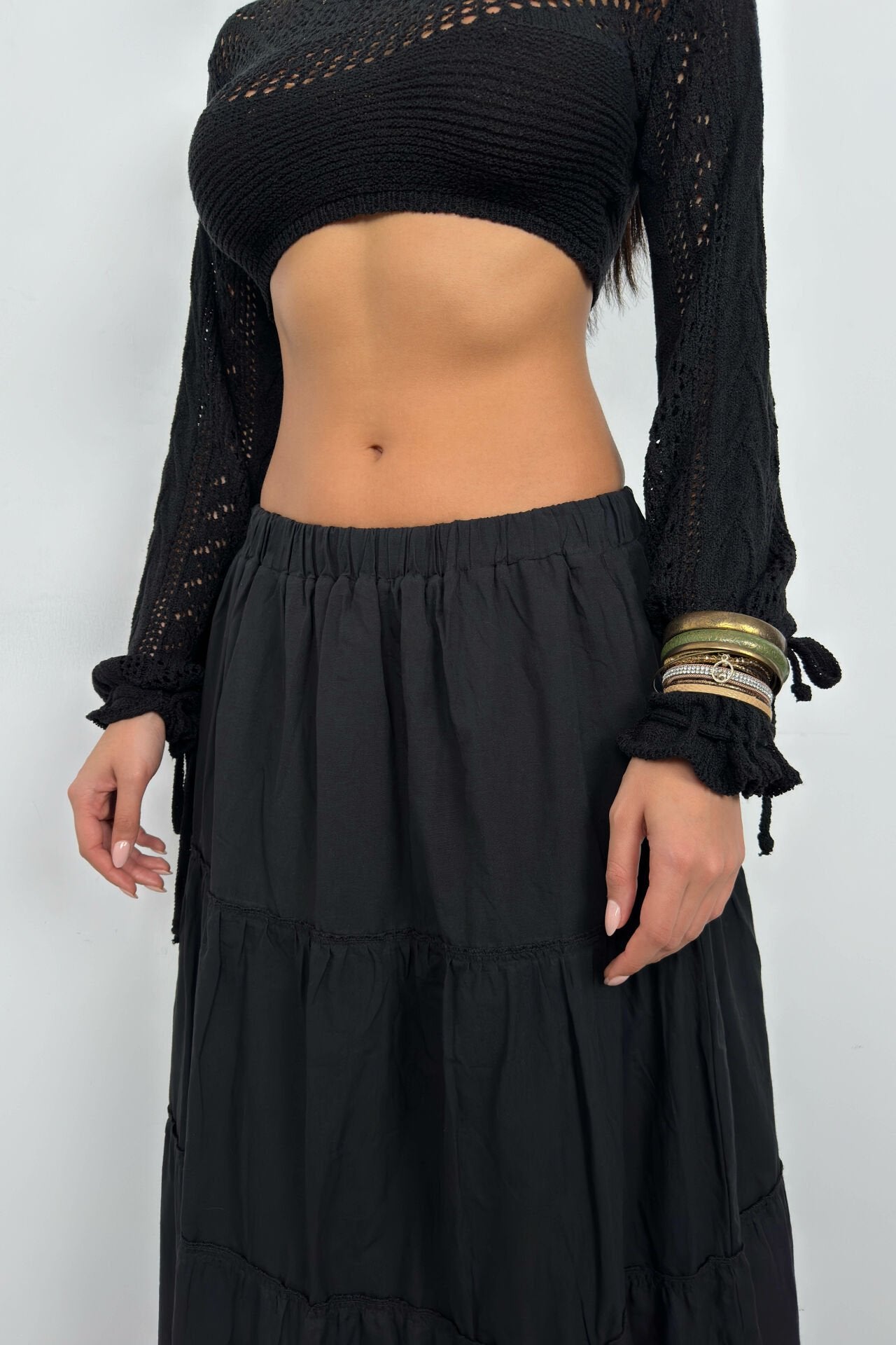 Elastic Waist Detailed Black Maxi Skirt