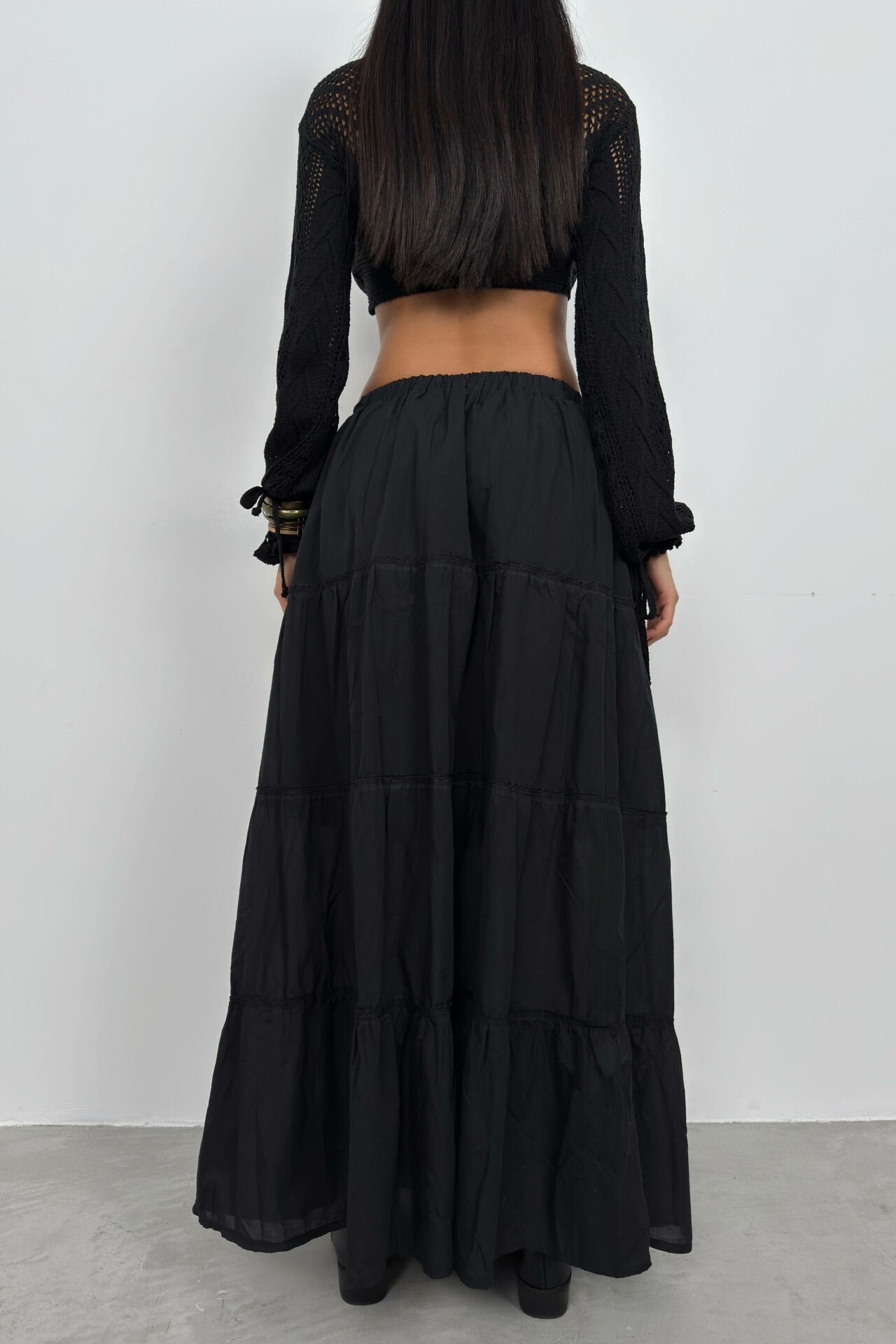 Elastic Waist Detailed Black Maxi Skirt